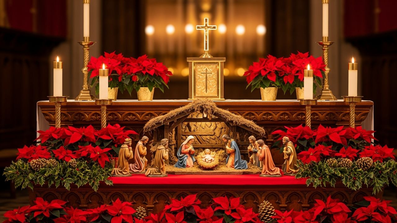 Dekorasi Natal Altar Gereja Merah